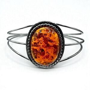 Amber Resin Lucite Silver Tone Wire Cuff Bracelet Minimalist Southwest Unisex